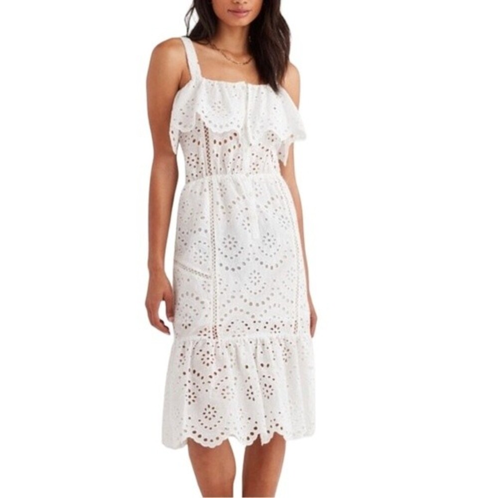 7 For All Mankind Floral Eyelet Lace Tiered Ruffle Midi Dress White Size L